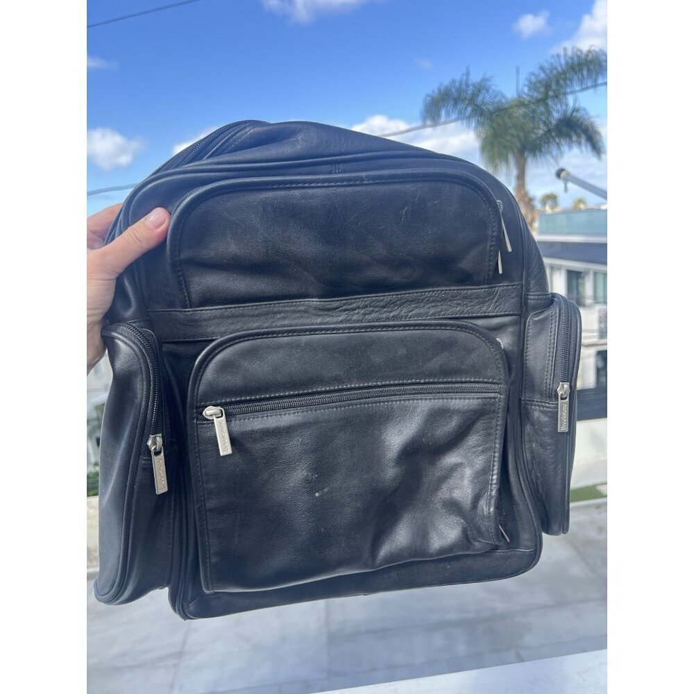 Vintage Y2K Brookstone black backpack faux leather lined pockets officecore
